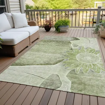 8' X 10' Artichoke Green And Gray Floral Washable Indoor Outdoor Area Rug