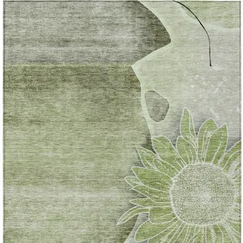 9' X 12' Artichoke Green And Gray Floral Washable Indoor Outdoor Area Rug