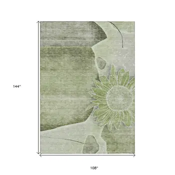 9' X 12' Artichoke Green And Gray Floral Washable Indoor Outdoor Area Rug