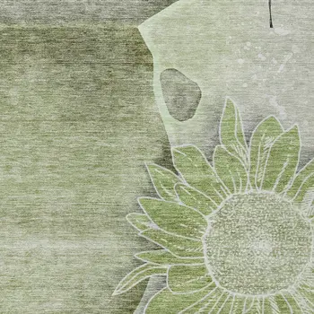 9' X 12' Artichoke Green And Gray Floral Washable Indoor Outdoor Area Rug