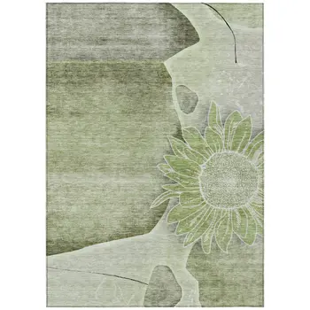 10' X 14' Artichoke Green And Gray Floral Washable Indoor Outdoor Area Rug