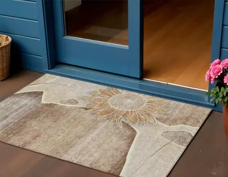 3' X 5' Brown Beige And Taupe Floral Washable Indoor Outdoor Area Rug