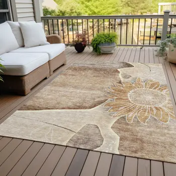 3' X 5' Brown Beige And Taupe Floral Washable Indoor Outdoor Area Rug