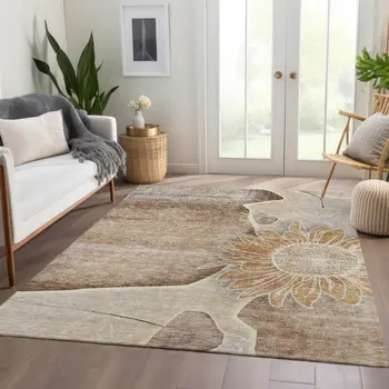 9' X 12' Brown Beige And Taupe Floral Washable Indoor Outdoor Area Rug