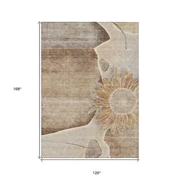 10' X 14' Brown Beige And Taupe Floral Washable Indoor Outdoor Area Rug