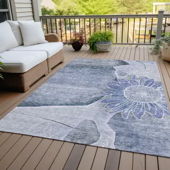 5' X 8' Sky Blue And Indigo Floral Washable Indoor Outdoor Area Rug