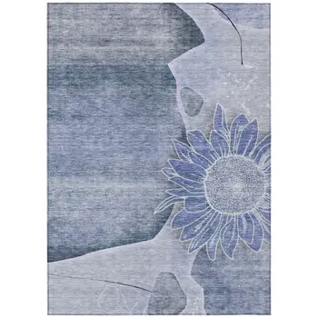 5' X 8' Sky Blue And Indigo Floral Washable Indoor Outdoor Area Rug