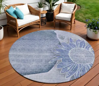 8' Sky Blue And Indigo Round Floral Washable Indoor Outdoor Area Rug