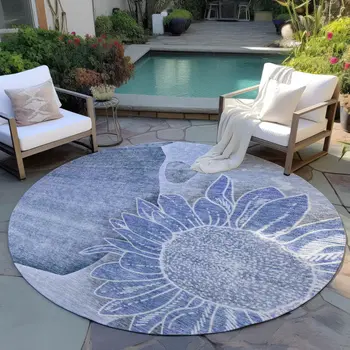 8' Sky Blue And Indigo Round Floral Washable Indoor Outdoor Area Rug