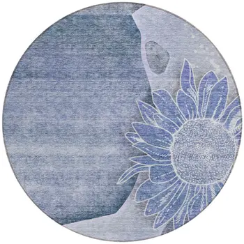 8' Sky Blue And Indigo Round Floral Washable Indoor Outdoor Area Rug