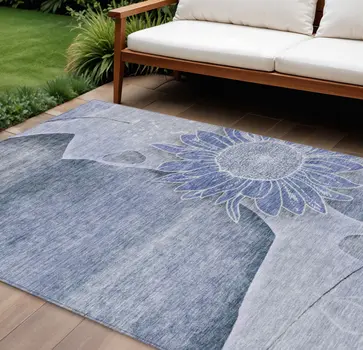 10' X 14' Sky Blue And Indigo Floral Washable Indoor Outdoor Area Rug