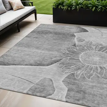 5' X 8' Gray Silver And Charcoal Floral Washable Indoor Outdoor Area Rug