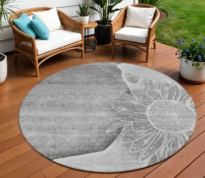 8' Gray Silver And Charcoal Round Floral Washable Indoor Outdoor Area Rug