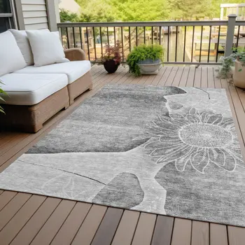8' X 10' Gray Silver And Charcoal Floral Washable Indoor Outdoor Area Rug