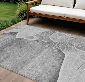 9' X 12' Gray Silver And Charcoal Floral Washable Indoor Outdoor Area Rug
