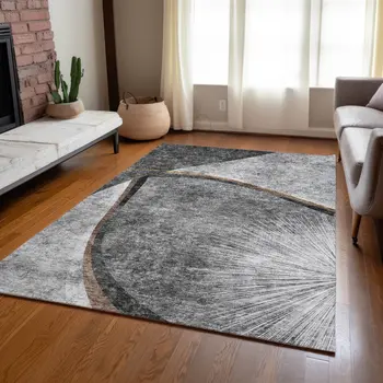 5' X 8' Gray Chocolate And Silver Abstract Washable Indoor Outdoor Area Rug