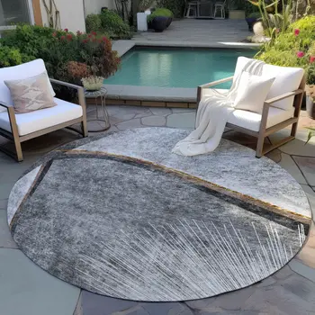 8' Gray Chocolate And Silver Round Abstract Washable Indoor Outdoor Area Rug