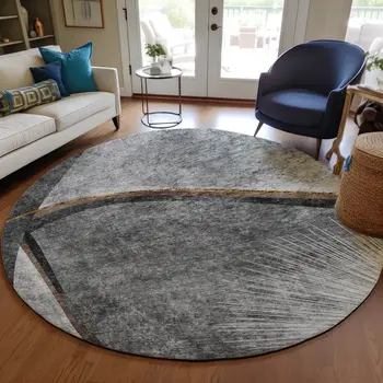 8' Gray Chocolate And Silver Round Abstract Washable Indoor Outdoor Area Rug