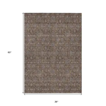 3' X 5' Chocolate And Gray Floral Washable Indoor Outdoor Area Rug