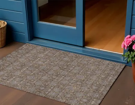 3' X 5' Chocolate And Gray Floral Washable Indoor Outdoor Area Rug