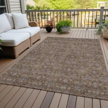 3' X 5' Chocolate And Gray Floral Washable Indoor Outdoor Area Rug