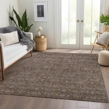 3' X 5' Chocolate And Gray Floral Washable Indoor Outdoor Area Rug