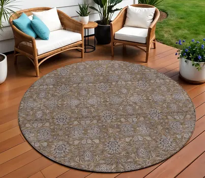 8' Chocolate And Gray Round Floral Washable Indoor Outdoor Area Rug
