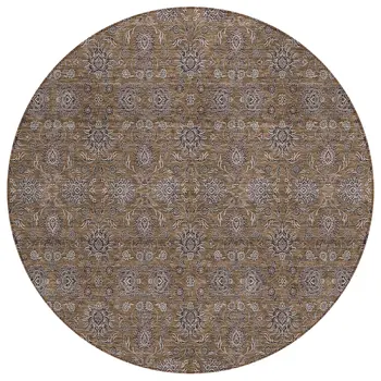 8' Chocolate And Gray Round Floral Washable Indoor Outdoor Area Rug