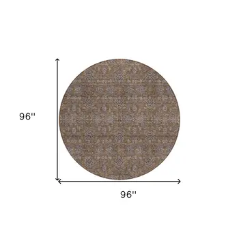 8' Chocolate And Gray Round Floral Washable Indoor Outdoor Area Rug