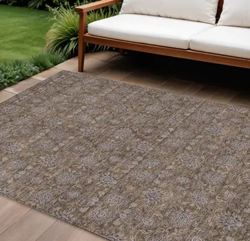 8' X 10' Chocolate And Gray Floral Washable Indoor Outdoor Area Rug