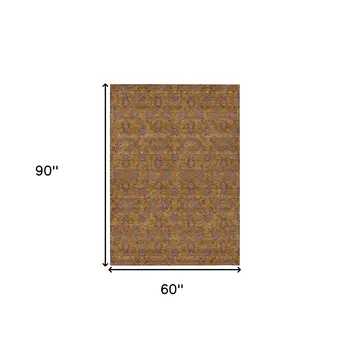 5' X 8' Copper Beige And Taupe Floral Washable Indoor Outdoor Area Rug