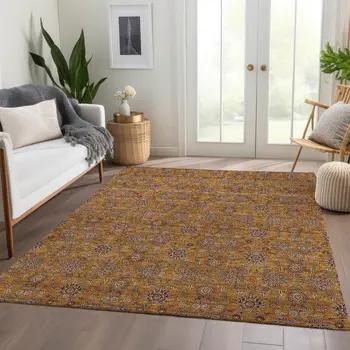 5' X 8' Copper Beige And Taupe Floral Washable Indoor Outdoor Area Rug