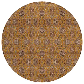8' Copper Beige And Taupe Round Floral Washable Indoor Outdoor Area Rug