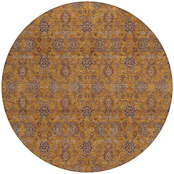 8' Copper Beige And Taupe Round Floral Washable Indoor Outdoor Area Rug
