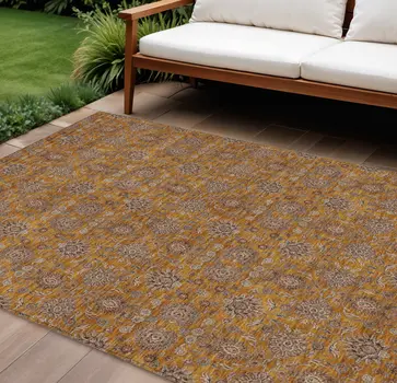 8' X 10' Copper Beige And Taupe Floral Washable Indoor Outdoor Area Rug