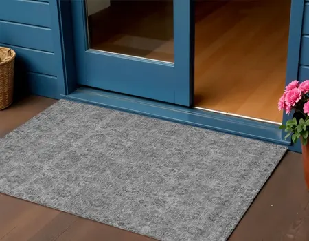 3' X 5' Gray Silver And Charcoal Floral Washable Indoor Outdoor Area Rug