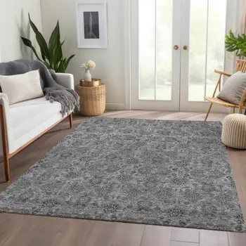 3' X 5' Gray Silver And Charcoal Floral Washable Indoor Outdoor Area Rug