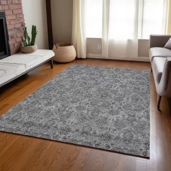3' X 5' Gray Silver And Charcoal Floral Washable Indoor Outdoor Area Rug
