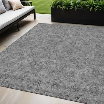 5' X 8' Gray Silver And Charcoal Floral Washable Indoor Outdoor Area Rug