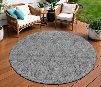 8' Gray Silver And Charcoal Round Floral Washable Indoor Outdoor Area Rug