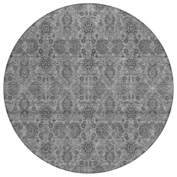 8' Gray Silver And Charcoal Round Floral Washable Indoor Outdoor Area Rug