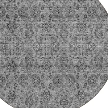 8' Gray Silver And Charcoal Round Floral Washable Indoor Outdoor Area Rug