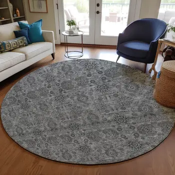 8' Gray Silver And Charcoal Round Floral Washable Indoor Outdoor Area Rug
