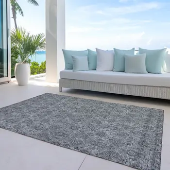 8' X 10' Gray Silver And Charcoal Floral Washable Indoor Outdoor Area Rug