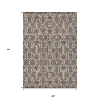 3' X 5' Ivory Taupe And Beige Floral Washable Indoor Outdoor Area Rug