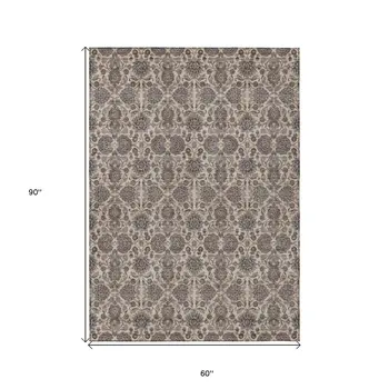 5' X 8' Ivory Taupe And Beige Floral Washable Indoor Outdoor Area Rug
