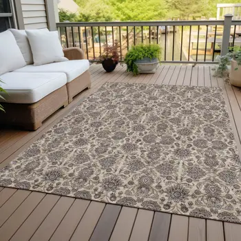 5' X 8' Ivory Taupe And Beige Floral Washable Indoor Outdoor Area Rug