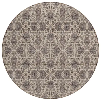 8' Ivory Taupe And Beige Round Floral Washable Indoor Outdoor Area Rug