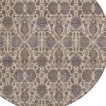 8' Ivory Taupe And Beige Round Floral Washable Indoor Outdoor Area Rug