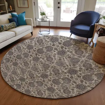 8' Ivory Taupe And Beige Round Floral Washable Indoor Outdoor Area Rug